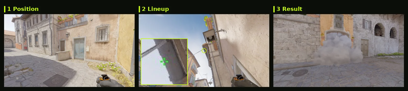 Inferno Arch smoke lineup card: position, aim with zoomed crosshair, and where it lands