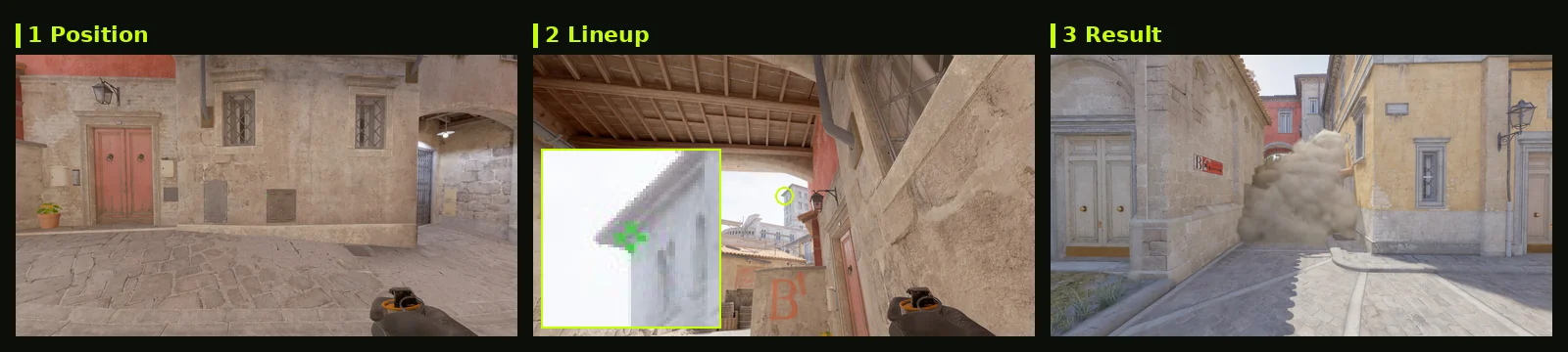 Inferno B site CT smoke lineup card from Banana: position, aim with zoomed crosshair, and where it lands