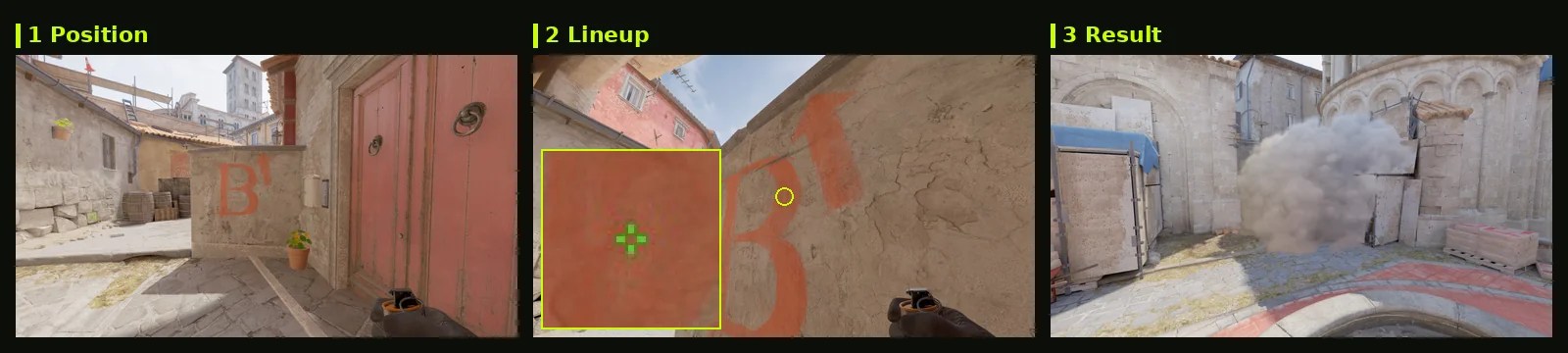 Inferno Coffins smoke lineup card: position, aim with zoomed crosshair, and where it lands