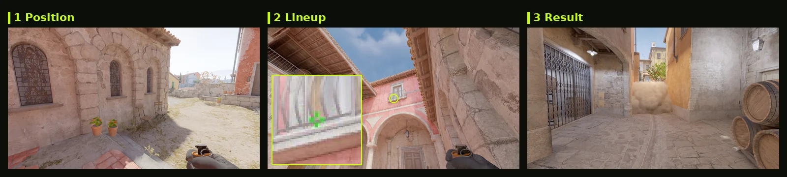 Inferno Deep Banana smoke lineup card: position, aim with zoomed crosshair, and where it lands