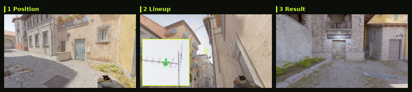Inferno Library smoke lineup card: position, aim with zoomed crosshair, and where it lands