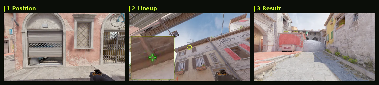 Inferno Moto smoke lineup card: position, aim with zoomed crosshair, and where it lands