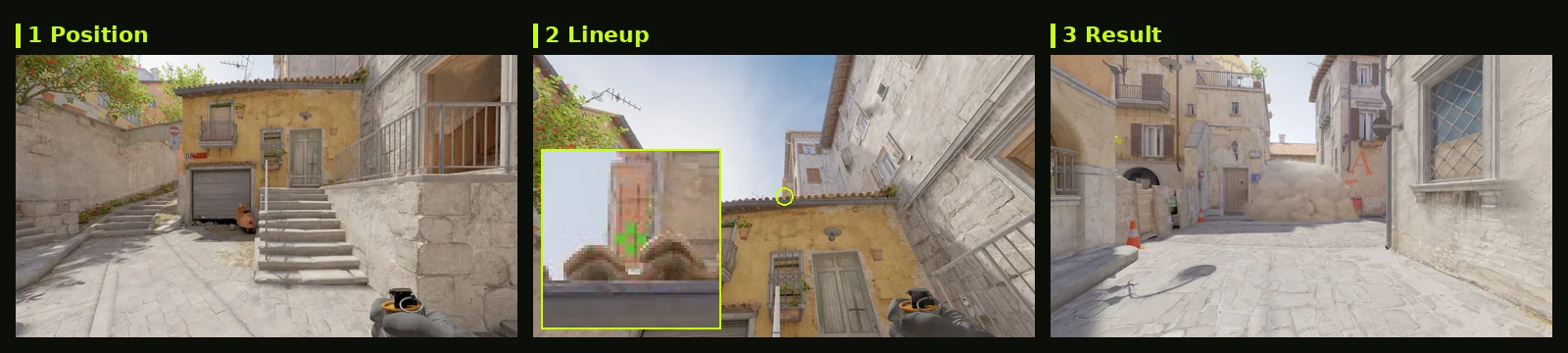 Inferno Top Mid smoke lineup card from T side: position, aim with zoomed crosshair, and where it lands