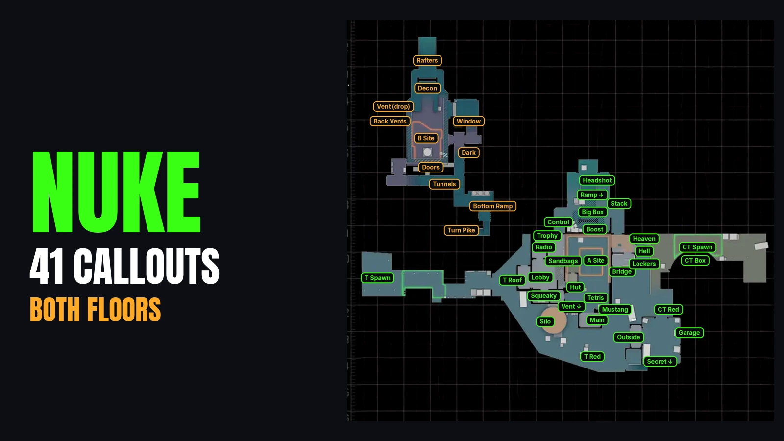 CS2 Nuke callouts map with all 41 positions on both floors